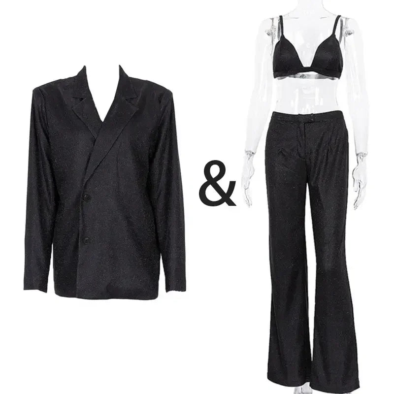 TARUXY Sliver Sparkly Oversized Blazer Sets For Women Suit Ladies Casual Glitter Coat And Pants Sets Blazer Femme Mujer Party