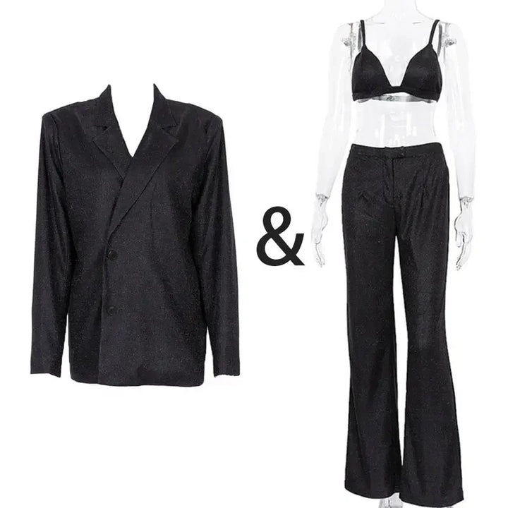 TARUXY Sliver Sparkly Oversized Blazer Sets For Women Suit Ladies Casual Glitter Coat And Pants Sets Blazer Femme Mujer Party