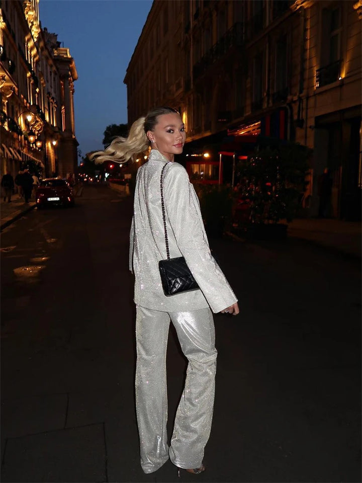 TARUXY Sliver Sparkly Oversized Blazer Sets For Women Suit Ladies Casual Glitter Coat And Pants Sets Blazer Femme Mujer Party