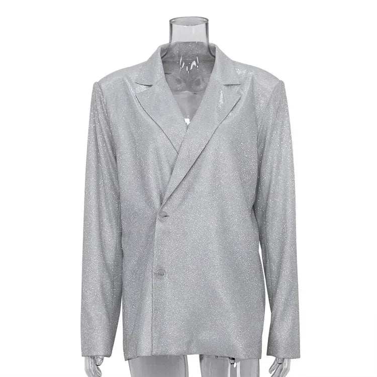 TARUXY Sliver Sparkly Oversized Blazer Sets For Women Suit Ladies Casual Glitter Coat And Pants Sets Blazer Femme Mujer Party