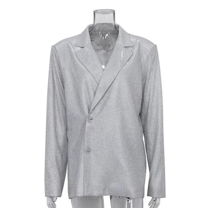 TARUXY Sliver Sparkly Oversized Blazer Sets For Women Suit Ladies Casual Glitter Coat And Pants Sets Blazer Femme Mujer Party