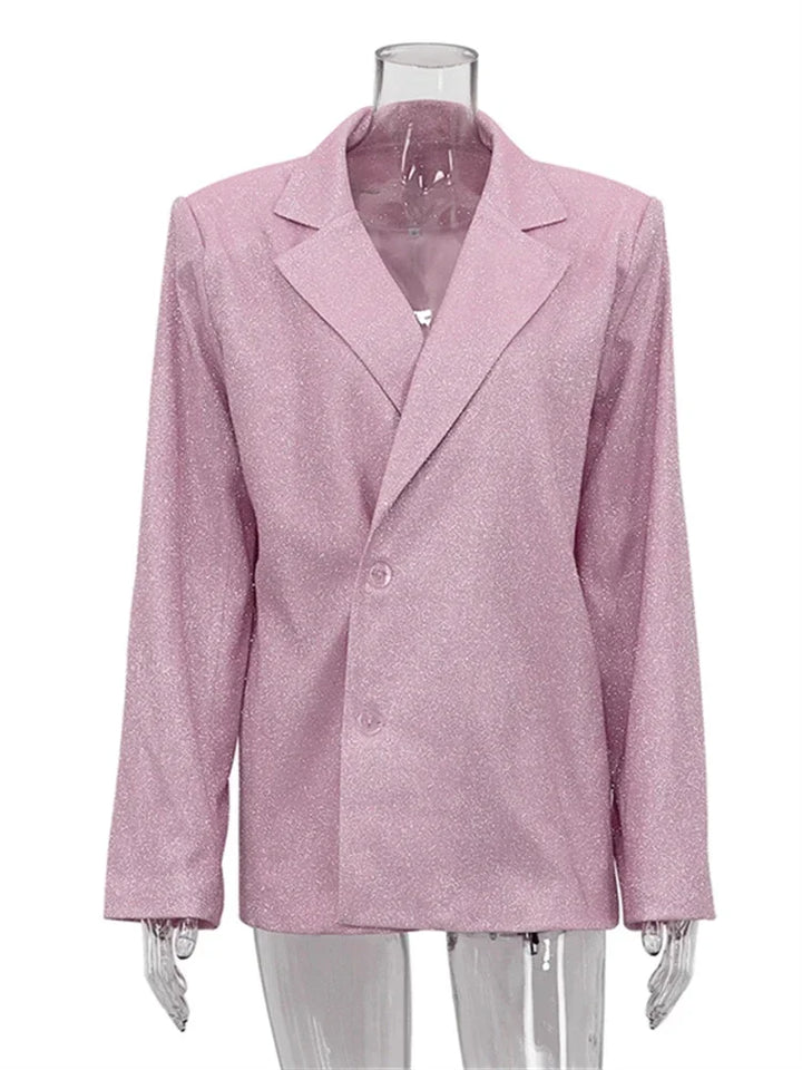 TARUXY Sliver Sparkly Oversized Blazer Sets For Women Suit Ladies Casual Glitter Coat And Pants Sets Blazer Femme Mujer Party